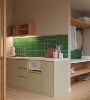 商務公寓, 城市景觀 | 私人廚房 | 小冰箱、微波爐、爐台、鍋具/餐盤/廚房用品