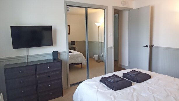 Une chambre d’hôtel avec un lit, une commode, une télévision et un miroir.