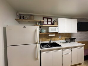A compact kitchen with a refrigerator, microwave, and a sink with a dish rack.