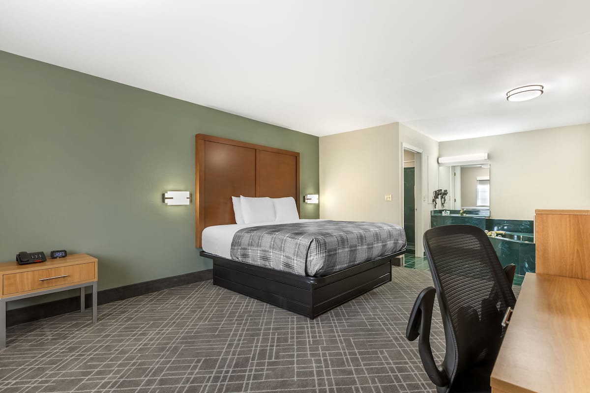 Une chambre d’hôtel avec un lit, une table de chevet, une chaise et un bureau.
