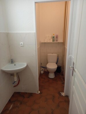 Een douche, handdoeken, toiletpapier