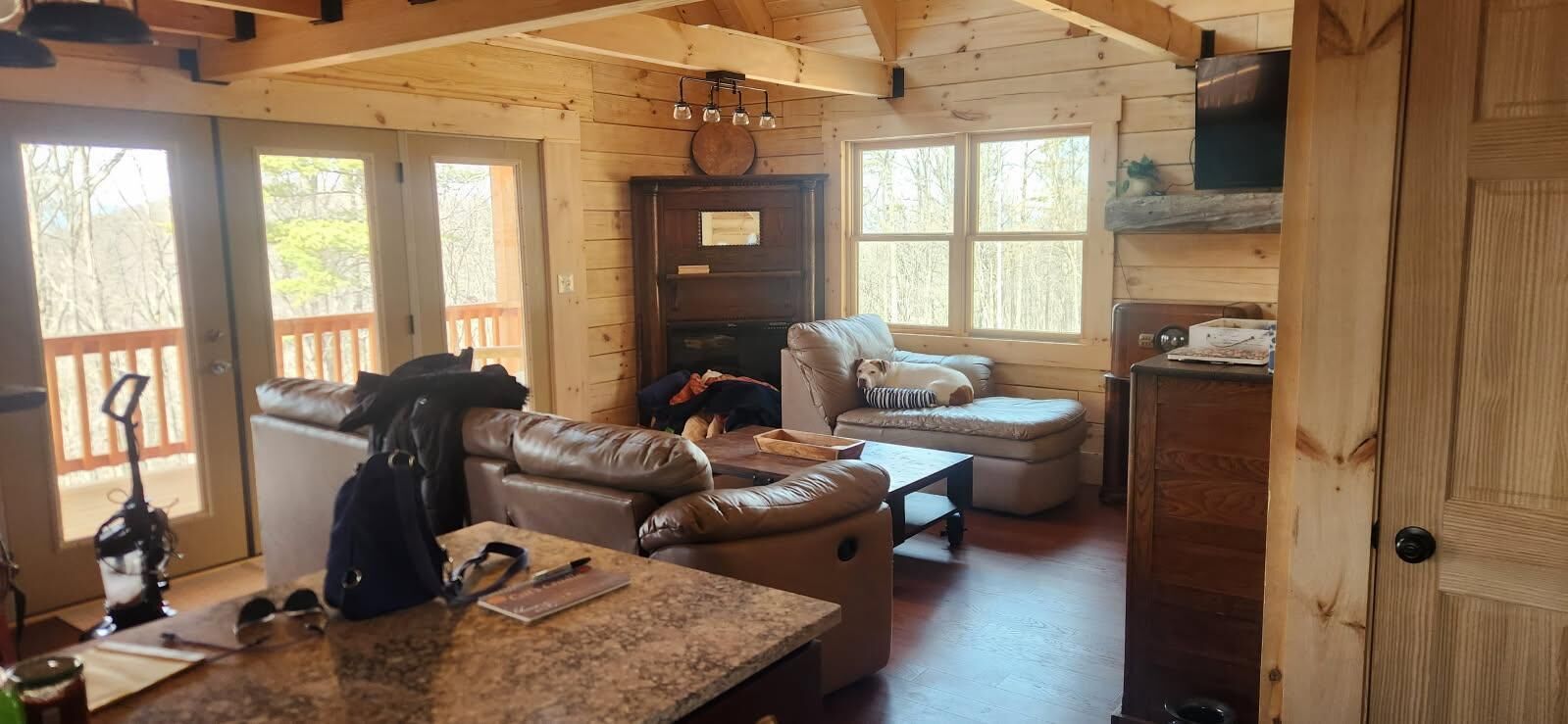 Smart-tv, eldstad och böcker