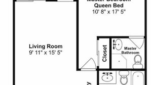 A floor plan of a hotel room with a balcony, master bedroom with a queen bed, living room, kitchen, pantry, and two bathrooms. - A Place at the Beach III 9520-2b (Myrtle Beach)