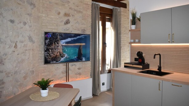 A modern kitchen with a stone wall, a flat-screen TV, a sink, and a dining area with a plant. - Apartment & Boutique Meraki 2 rooms. (Ontinyent)