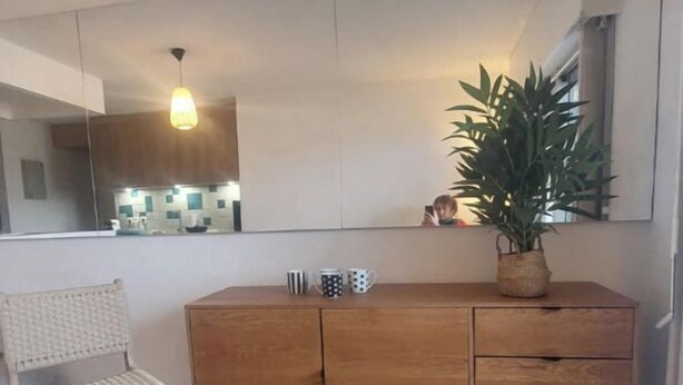 Ett träskåp med en spegel ovanför, en krukväxt och en stol med en mönstrad matta framför.
