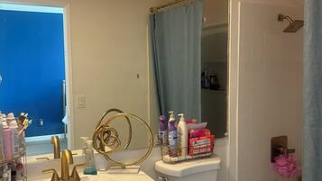 Hair dryer, towels, soap, toilet paper