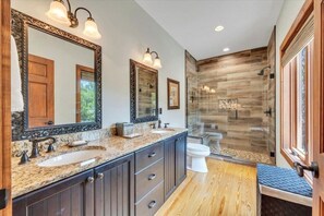 Shower, towels, soap, toilet paper