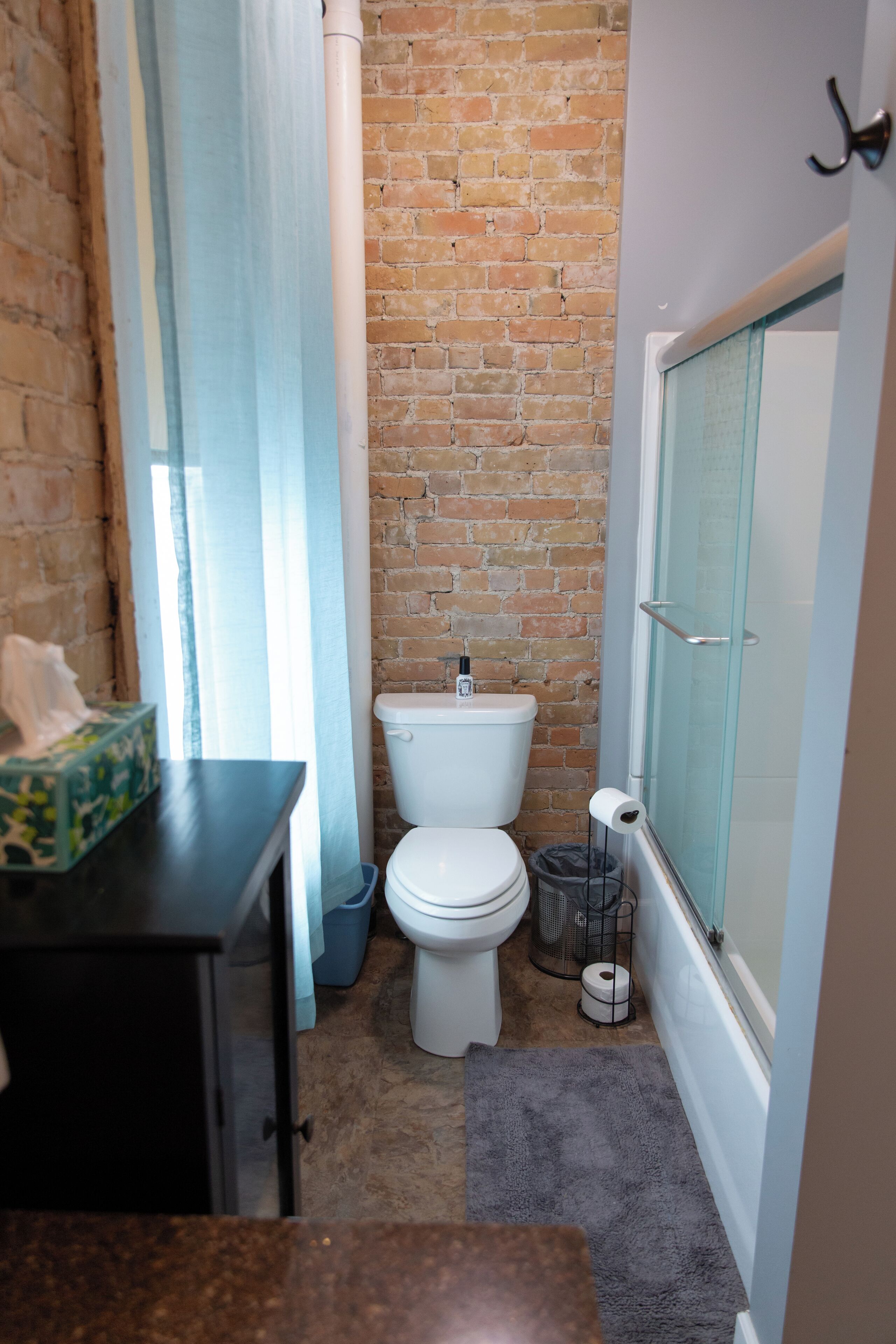 Hair dryer, towels, soap, toilet paper