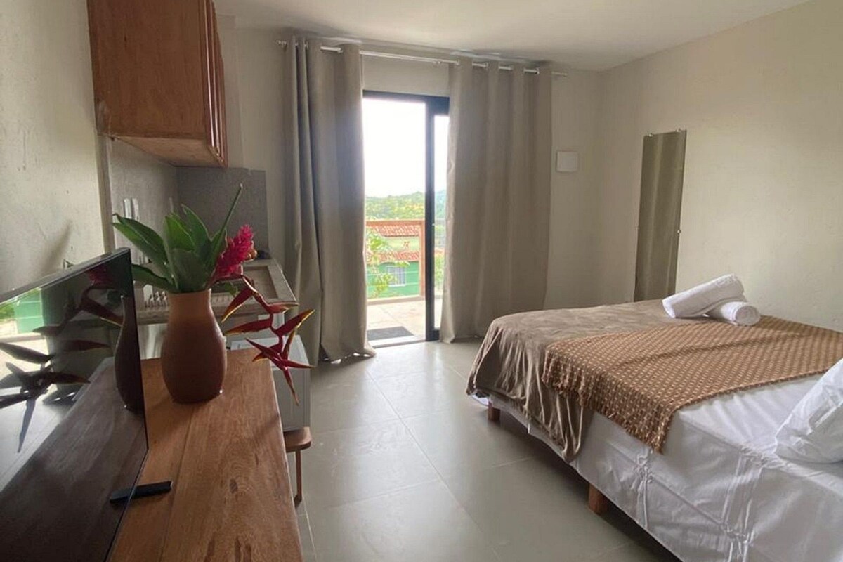 A hotel room with a bed, a desk with a computer, a potted plant, and a view of the outdoors.