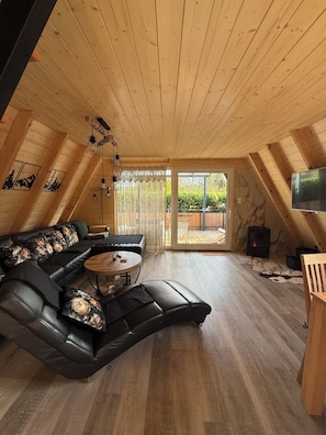TV connectée, cheminée, livres