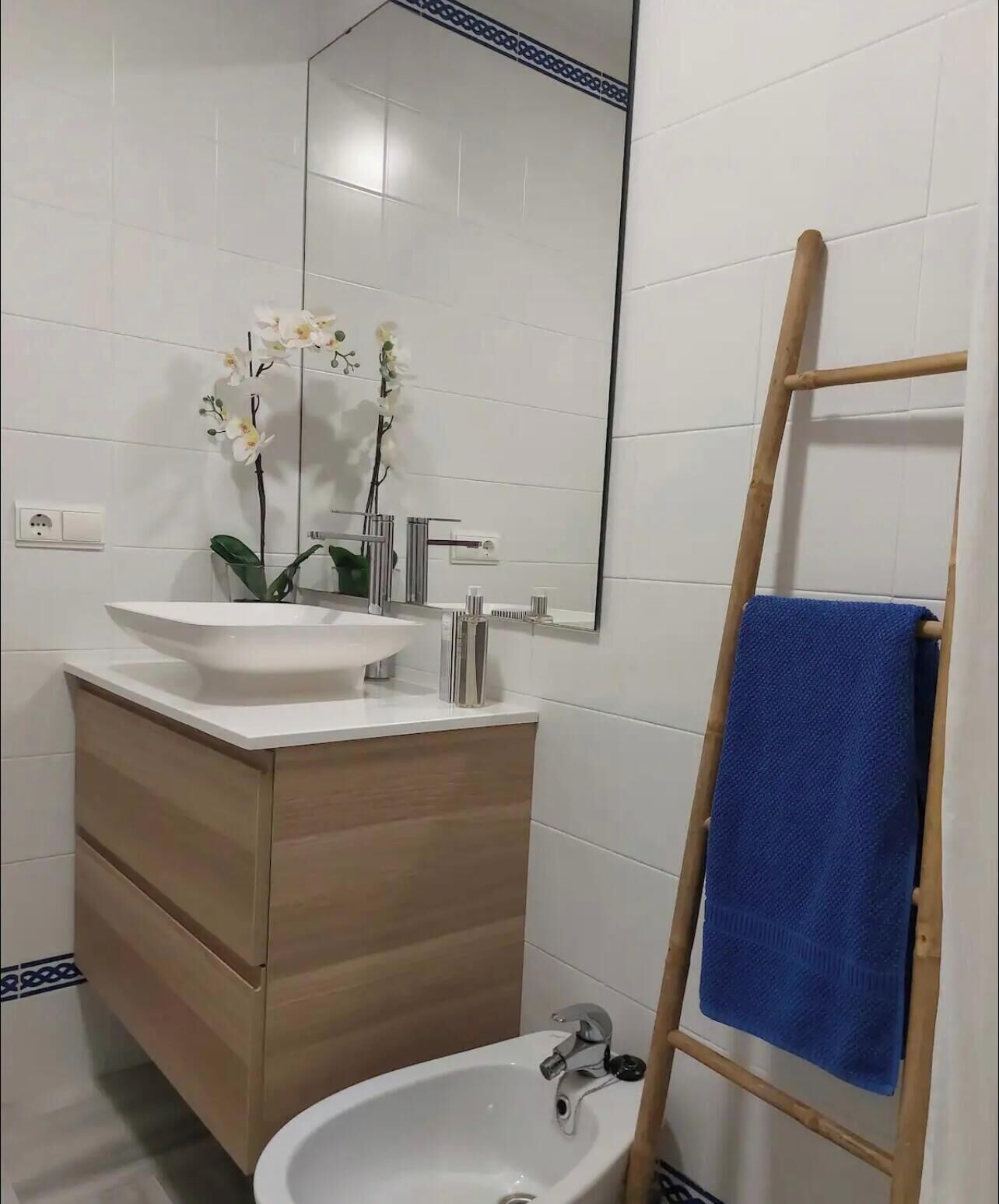 Hair dryer, bidet, towels, soap