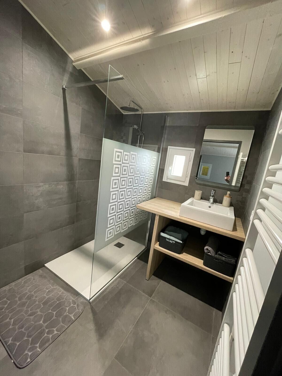 A modern bathroom with a shower, a sink, and a mirror.