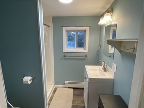 Chuveiro, secador de cabelo, toalhas de banho, papel higiênico