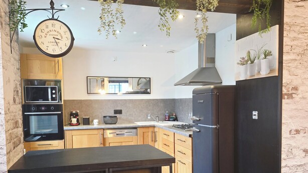 A modern kitchen with a black countertop, wooden cabinets, and hanging plants.