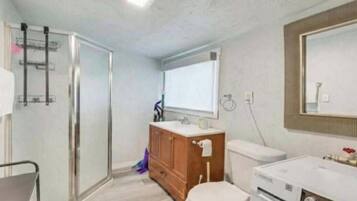 Hair dryer, towels, soap, shampoo