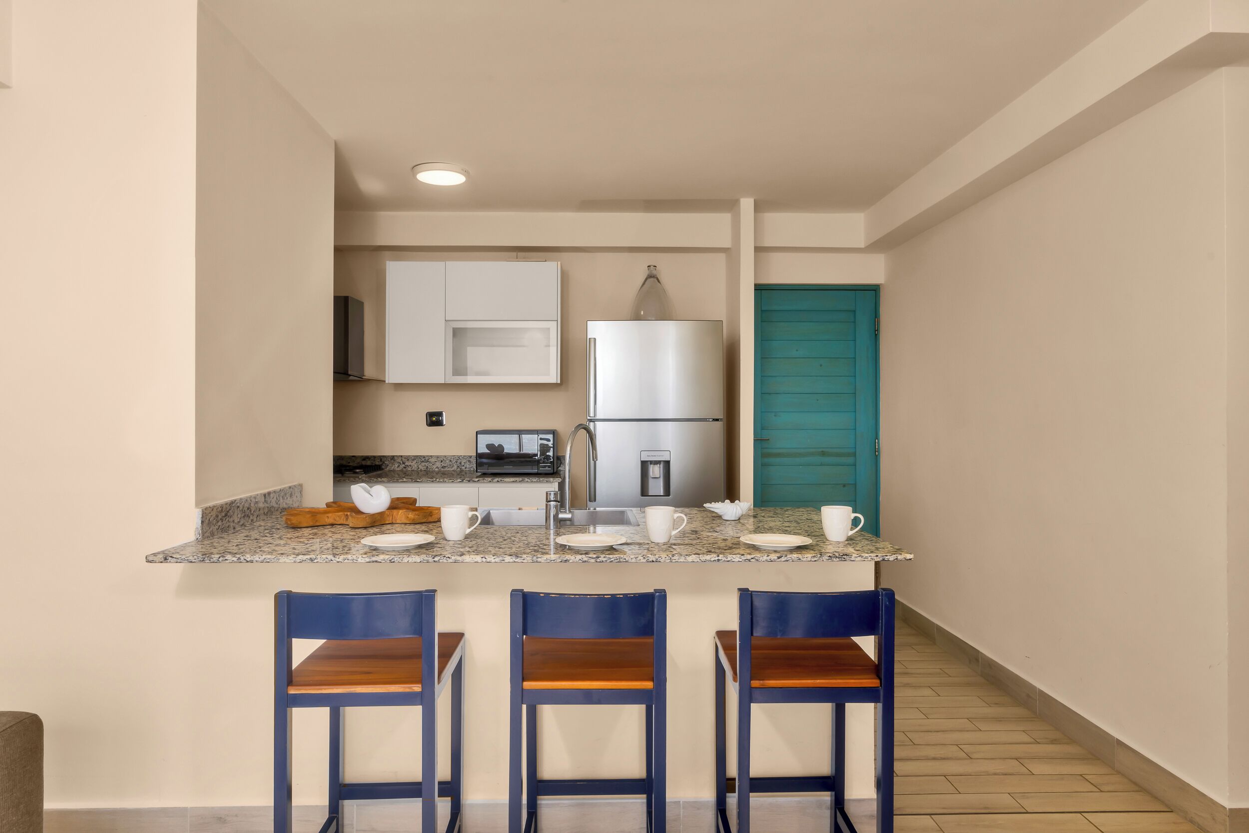 Apartamento Deluxe, balcón, vistas al mar | Cocina privada | Frigorífico, microondas, horno y utensilios de cocina