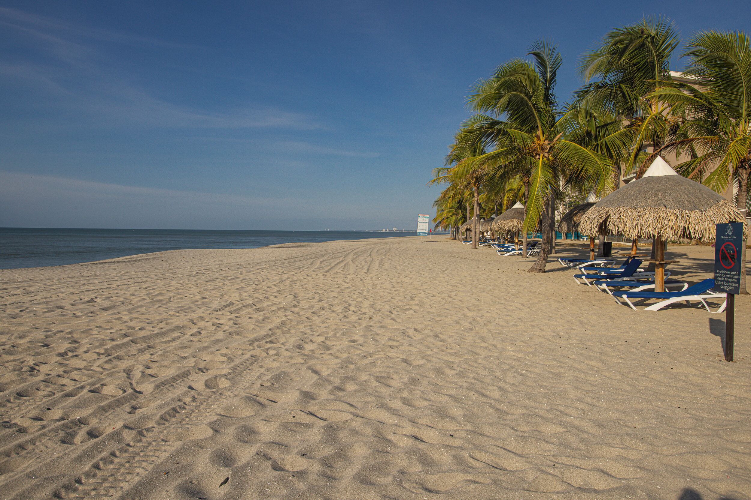 Een strand met voetafdrukken in het zand, palmbomen en ligbedden.