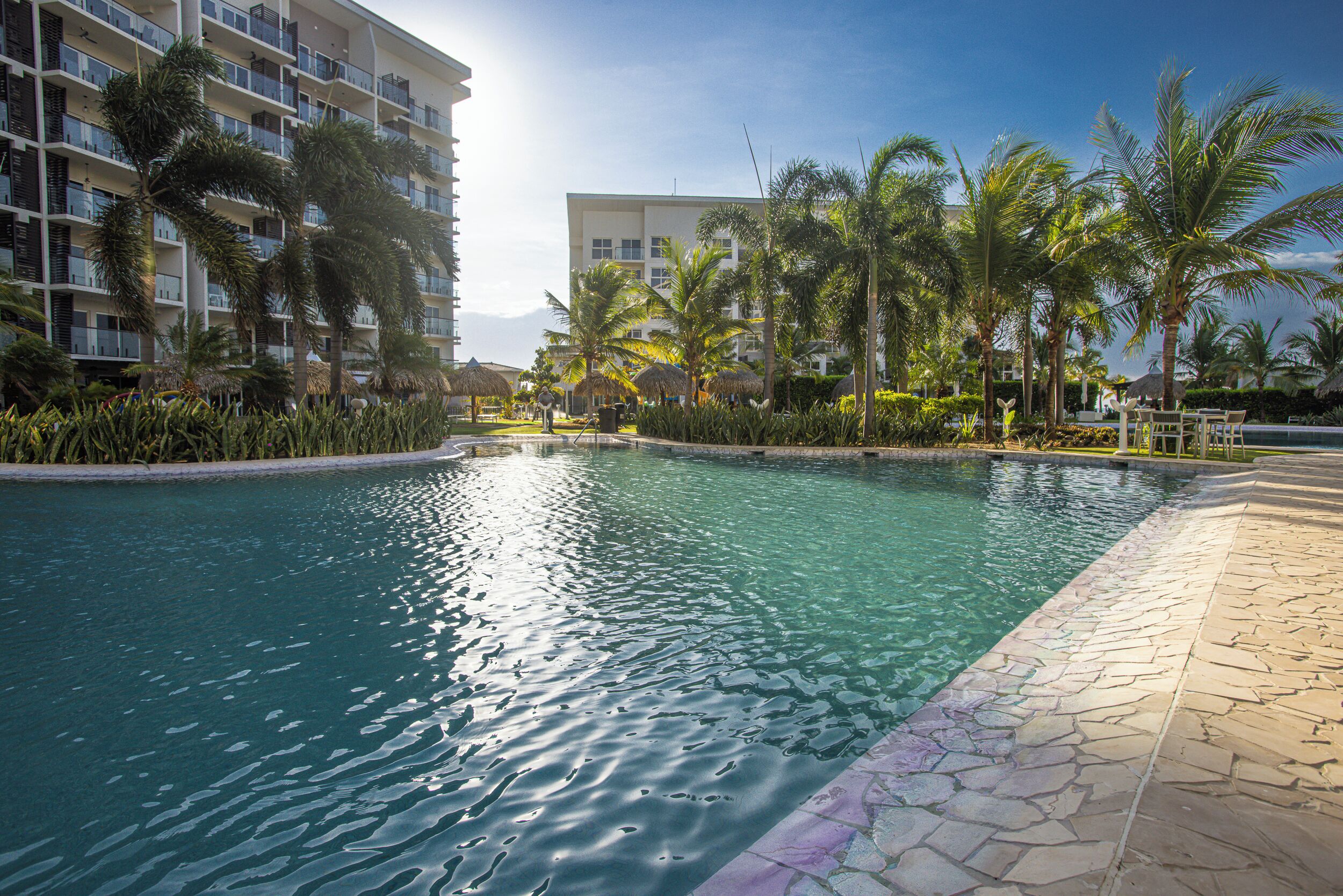 Una piscina con agua cristalina, rodeada de palmeras y un edificio de varios pisos con balcones.