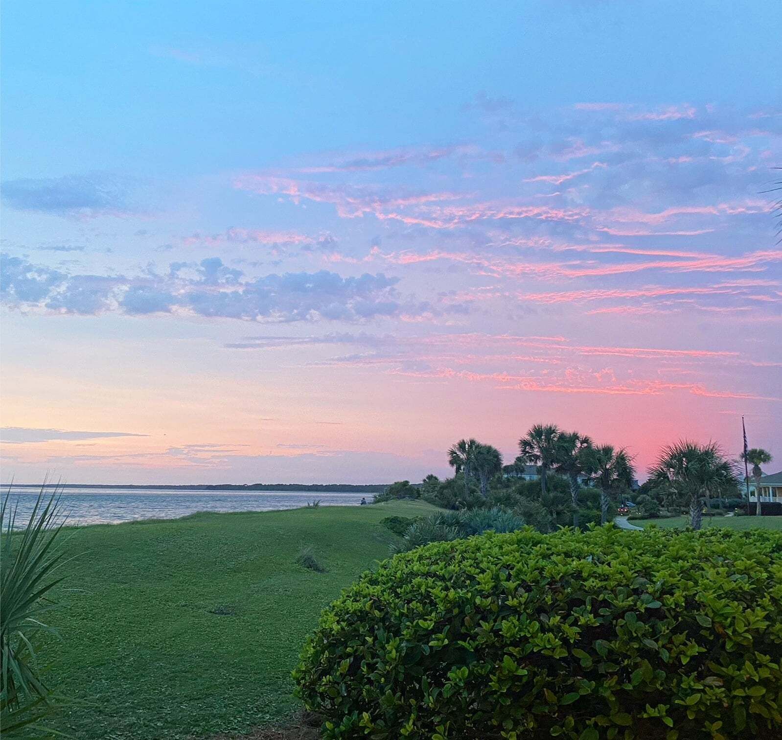 A grassy area with a view of the water and a sunset sky.