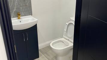 Hair dryer, towels, soap, toilet paper