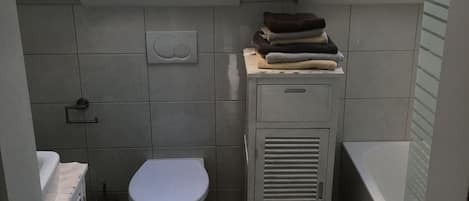 Hair dryer, towels, soap, toilet paper