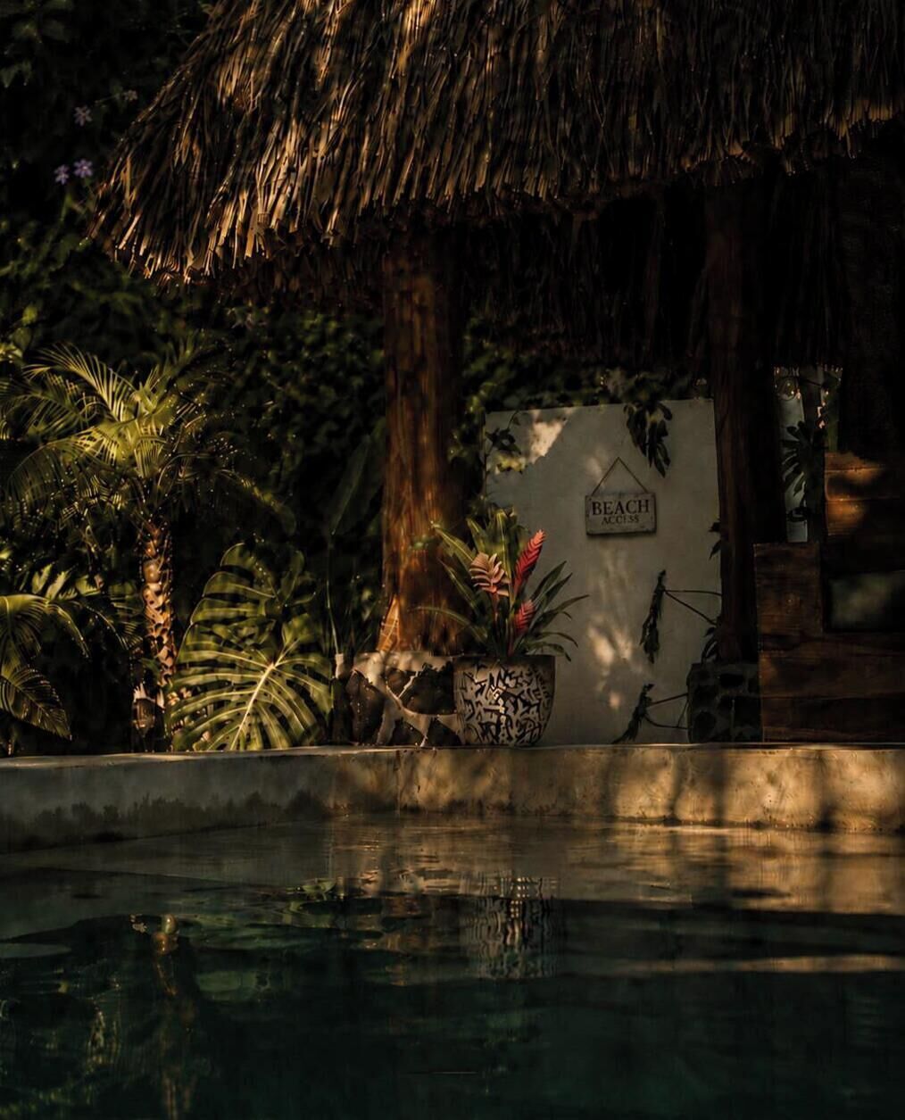 A pool area with a thatched roof structure, surrounded by lush tropical plants and a sign indicating beach access.