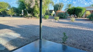 A view from a room with a large window overlooking a landscaped garden with various plants and a gravel path.
