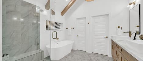 Hair dryer, towels, soap, toilet paper