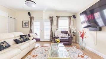 Smart TV, fireplace, books, offices