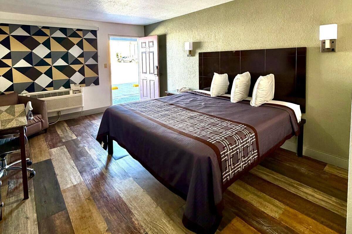 Een hotelkamer met een groot bed, een bureau met stoel, een wand met geometrisch patroon en een deur naar buiten.