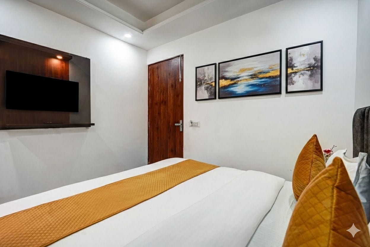 Une chambre d’hôtel avec un lit, un téléviseur fixé au mur et trois œuvres d’art encadrées au-dessus du lit.