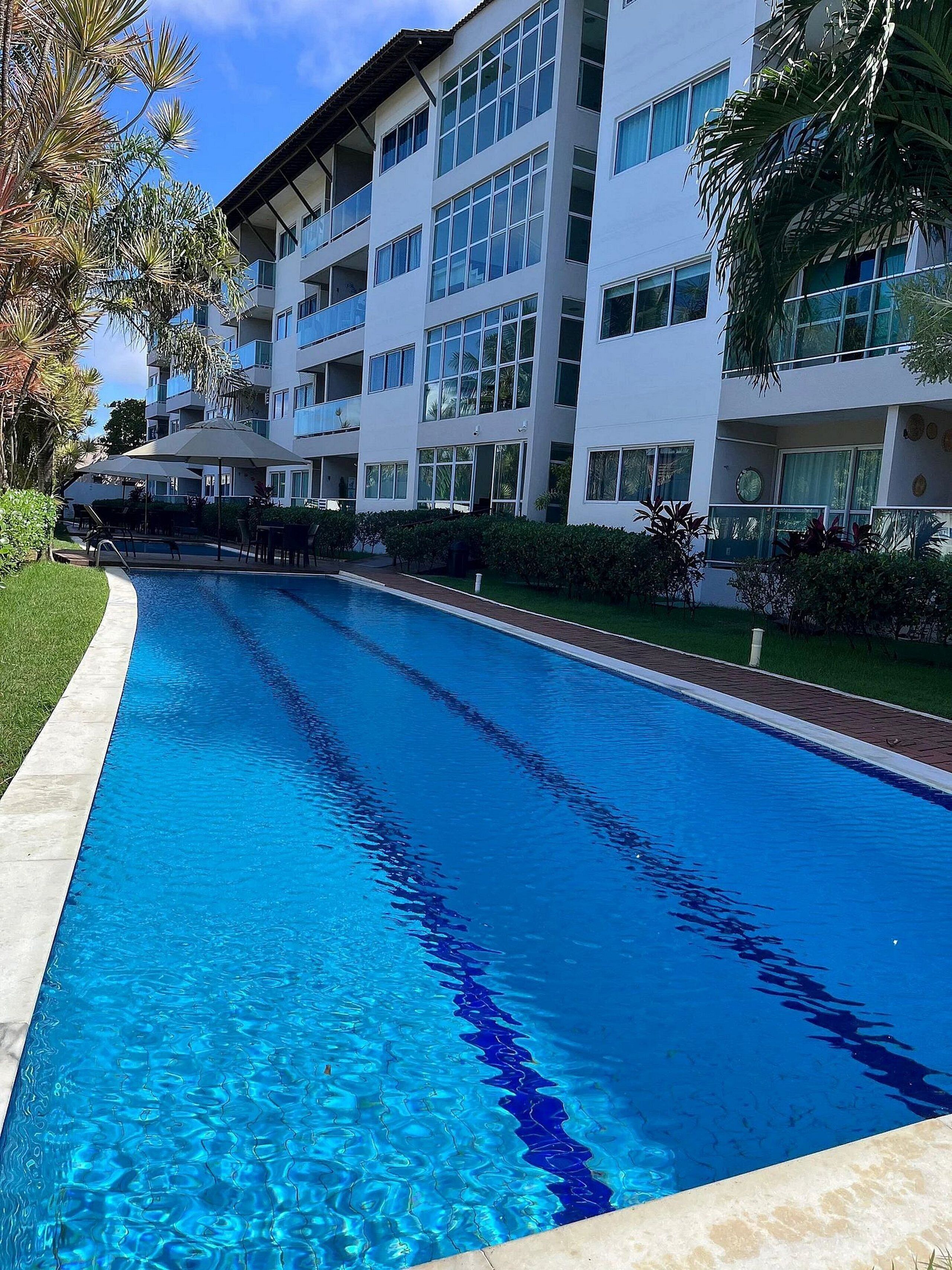 Una piscina con agua cristalina azul, rodeada por un césped cuidado y palmeras.