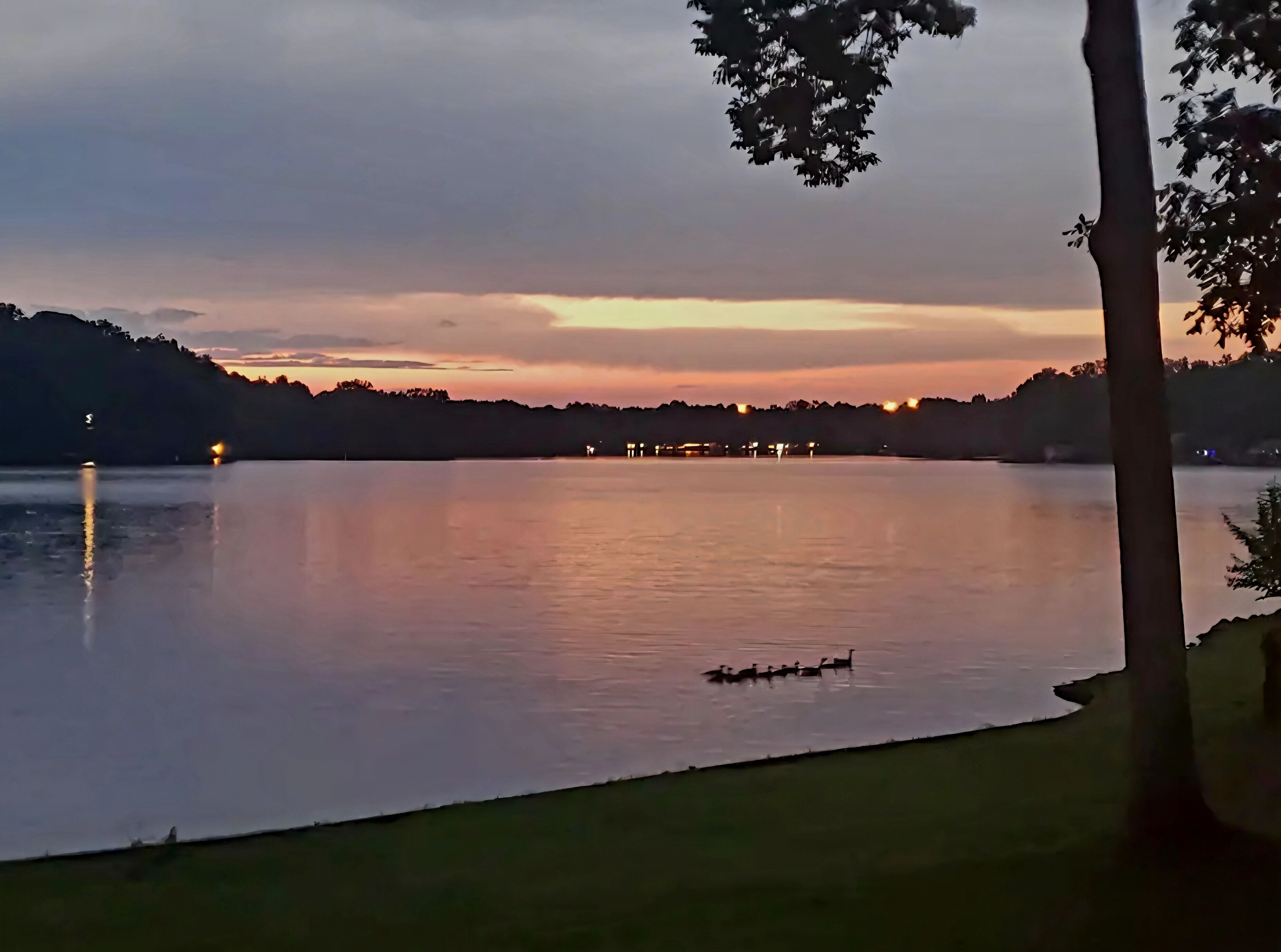 Ein ruhiger See im Abenddämmerung mit einem Ruderboot in der Mitte, umgeben von Bäumen und fernen Lichtern.