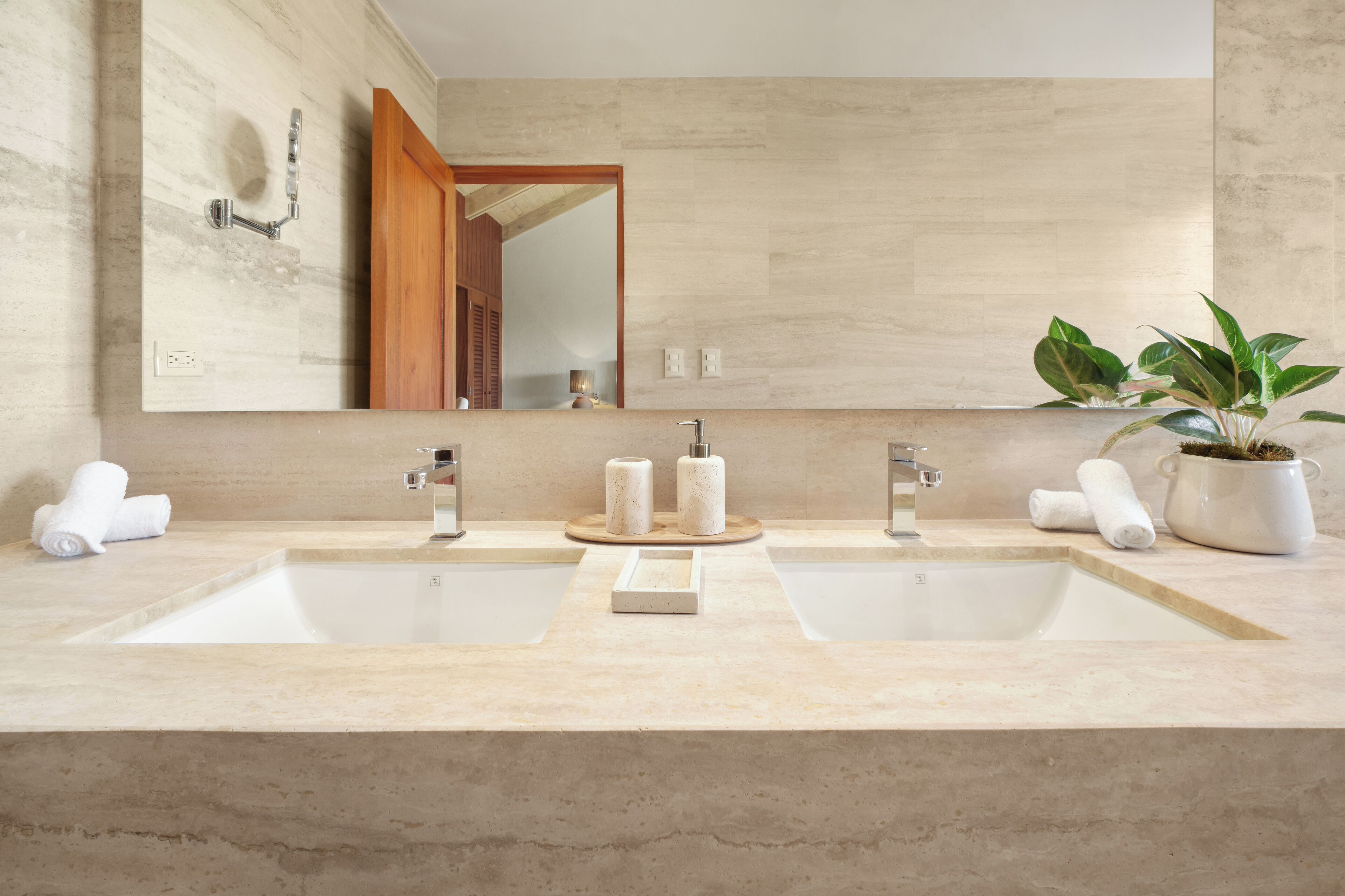 Une salle de bain avec deux lavabos, un grand miroir et une plante en pot.