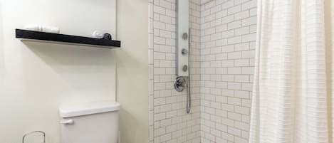 Shower, hair dryer, towels