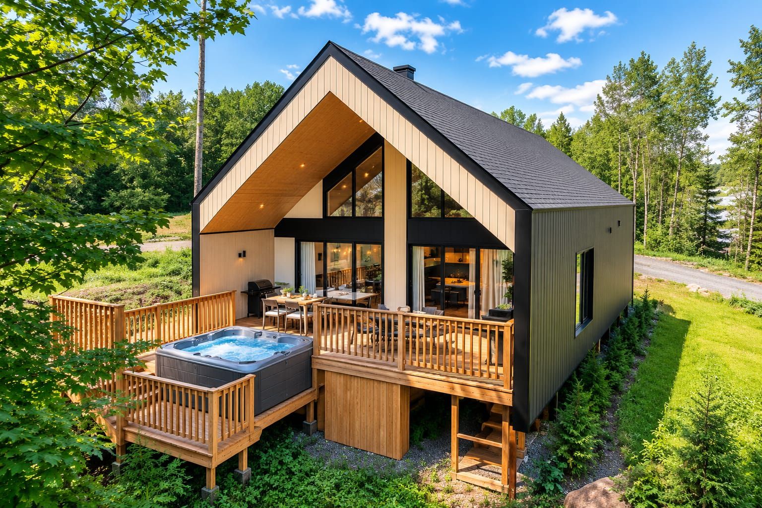 A modern cabin with a hot tub, deck, and large windows.