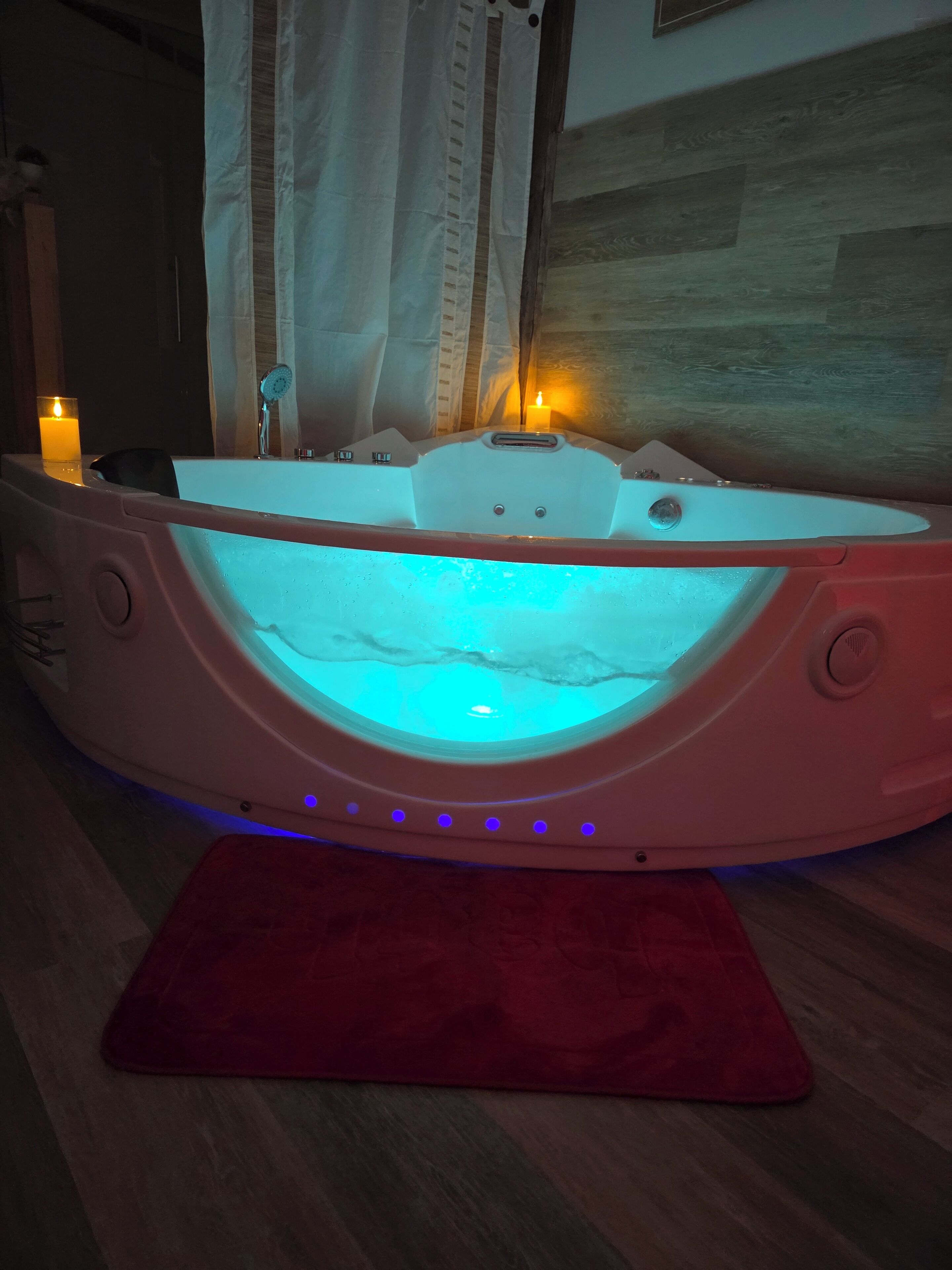 Shower, jetted tub, towels, soap