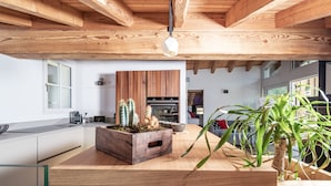 A modern kitchen with wooden beams, a wooden island, and a cactus planter. - Stella - panoramic attic in the BOTTONERA casa vacanza in alpine design (Chiavenna)