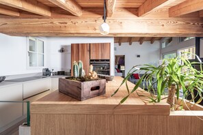 Fridge, oven, stovetop, dishwasher - Stella - panoramic attic in the BOTTONERA casa vacanza in alpine design (Chiavenna)