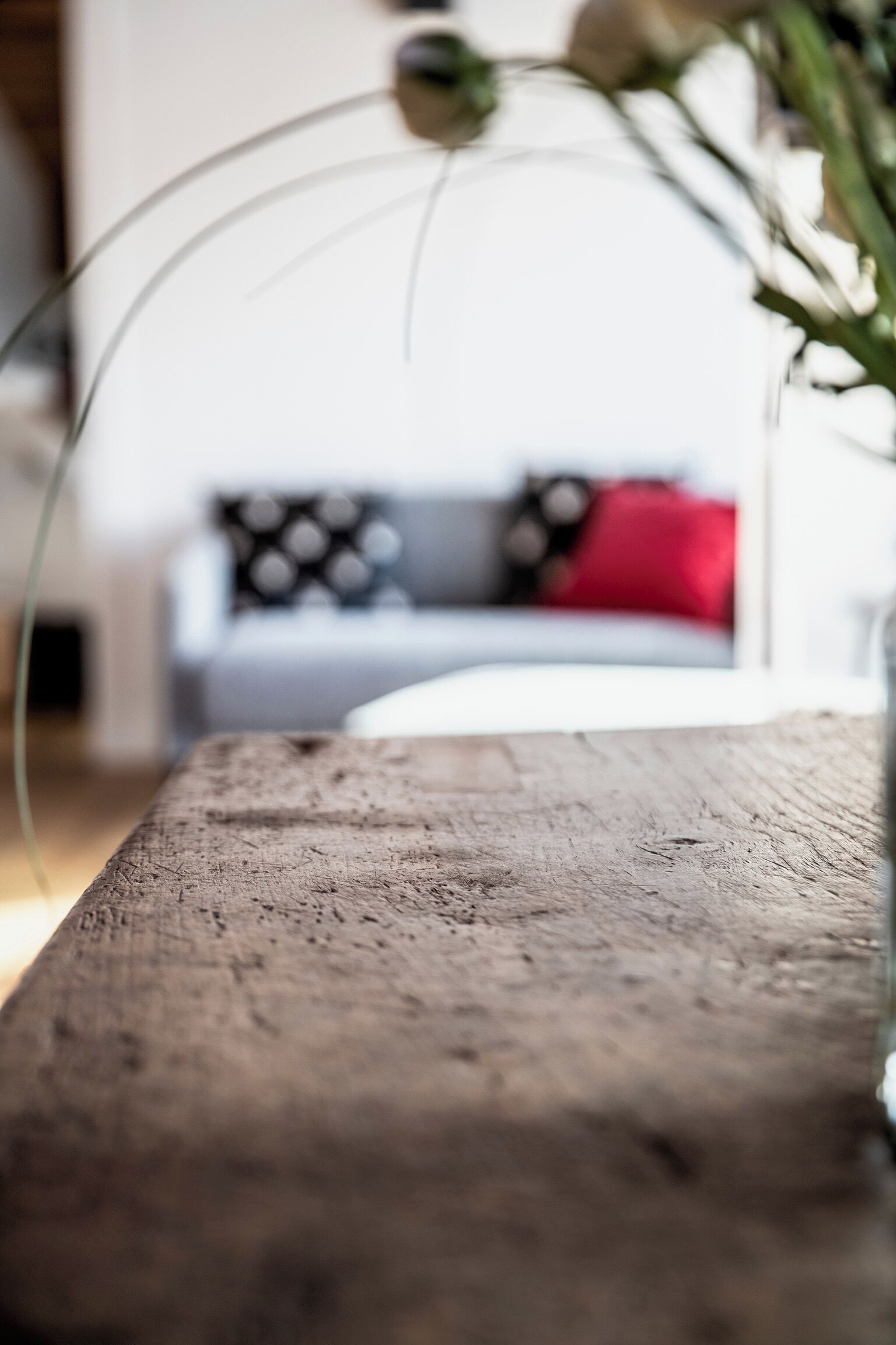 Primer plano de una superficie de madera con un fondo desenfocado que muestra un sofá con cojines estampados.