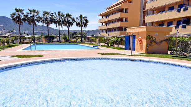 Una piscina con borde azul, rodeada de palmeras y un edificio con balcones.