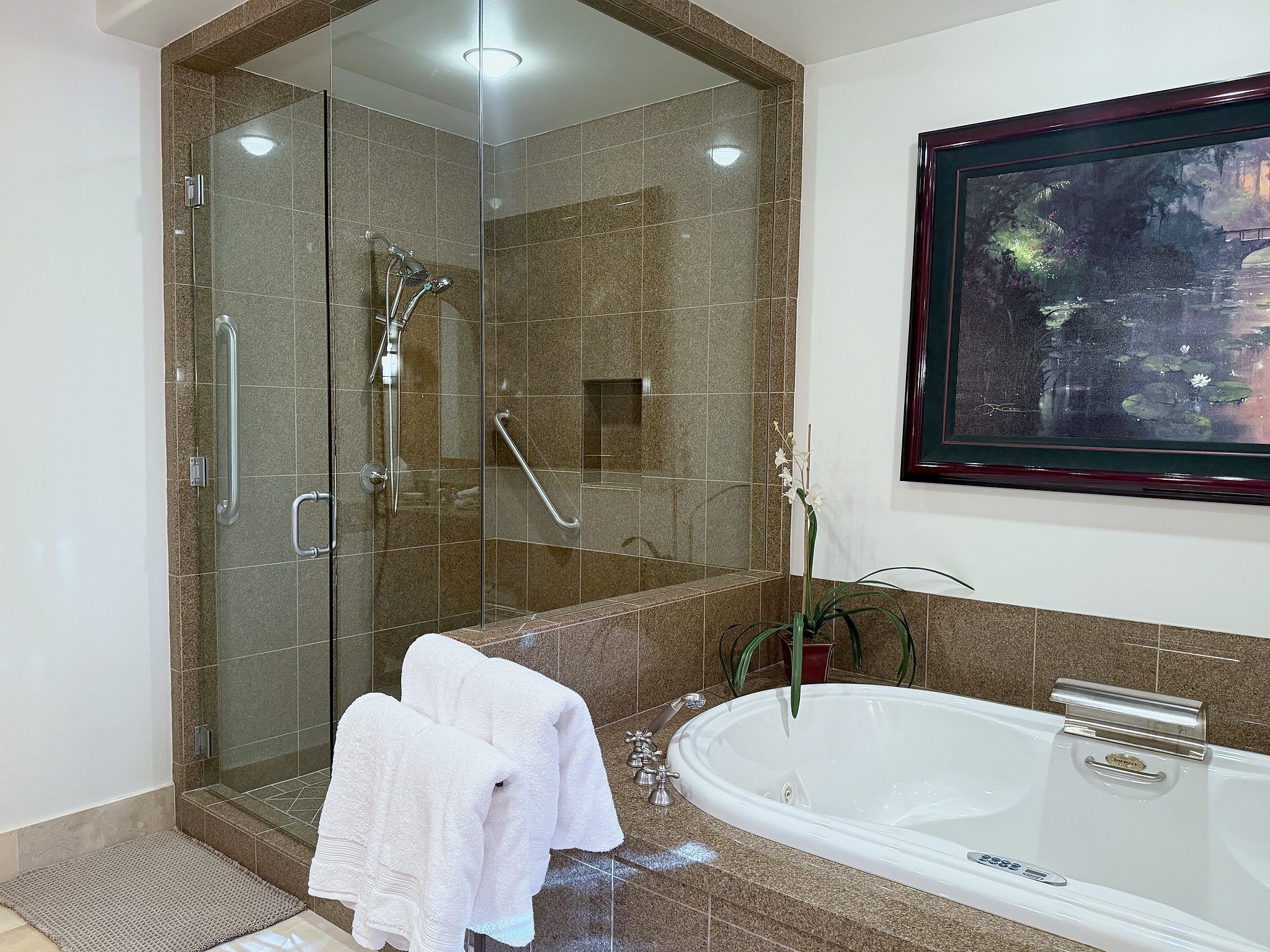 Shower, jetted tub, hair dryer, bidet
