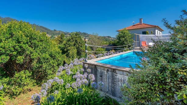 Una piscina rodeada de abundante vegetación y una casa con techo de tejas rojas.
