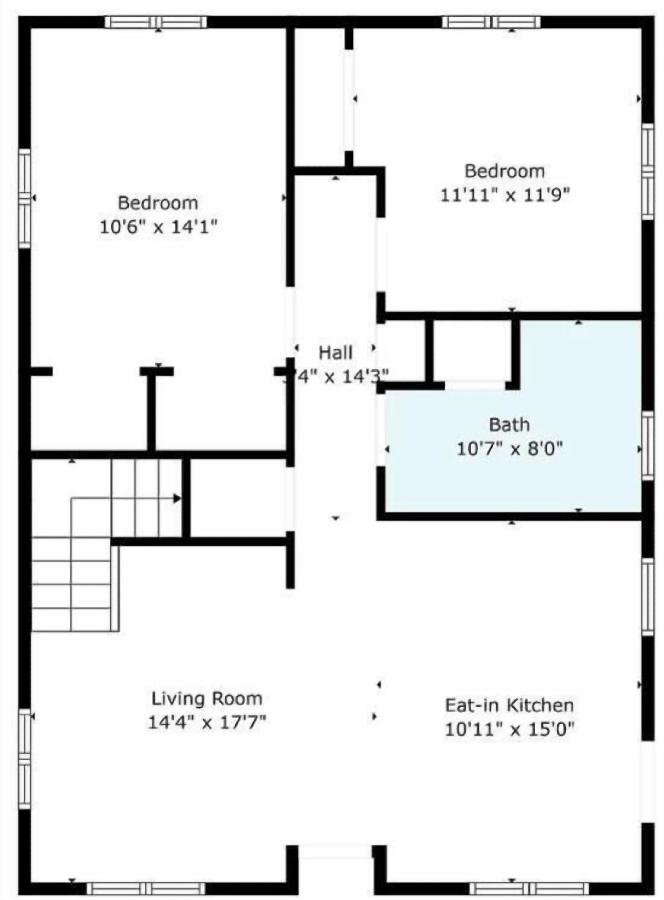 A floor plan with two bedrooms, a living room, a hall, a bathroom, and an eat-in kitchen.