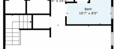 A floor plan with two bedrooms, a living room, a hall, a bathroom, and an eat-in kitchen.