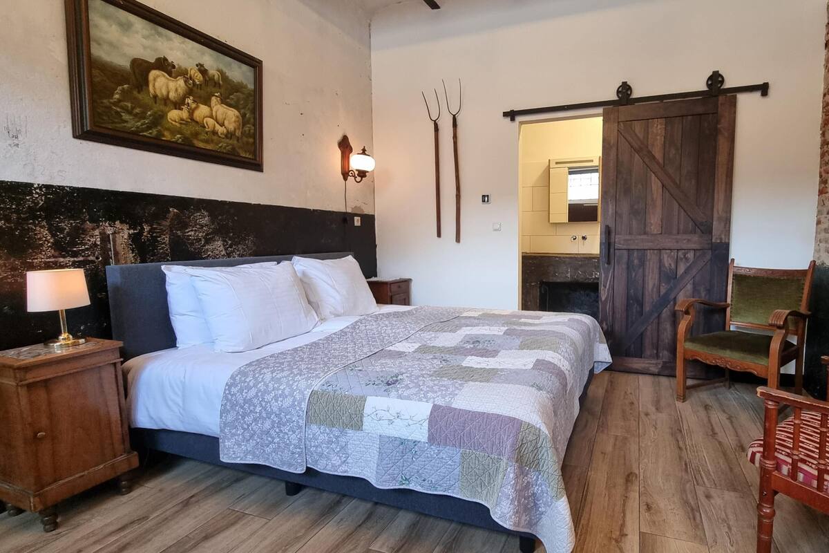 Une chambre à coucher comprenant un lit, une table de chevet, une lampe, une chaise, un tableau et une porte en bois rustique.
