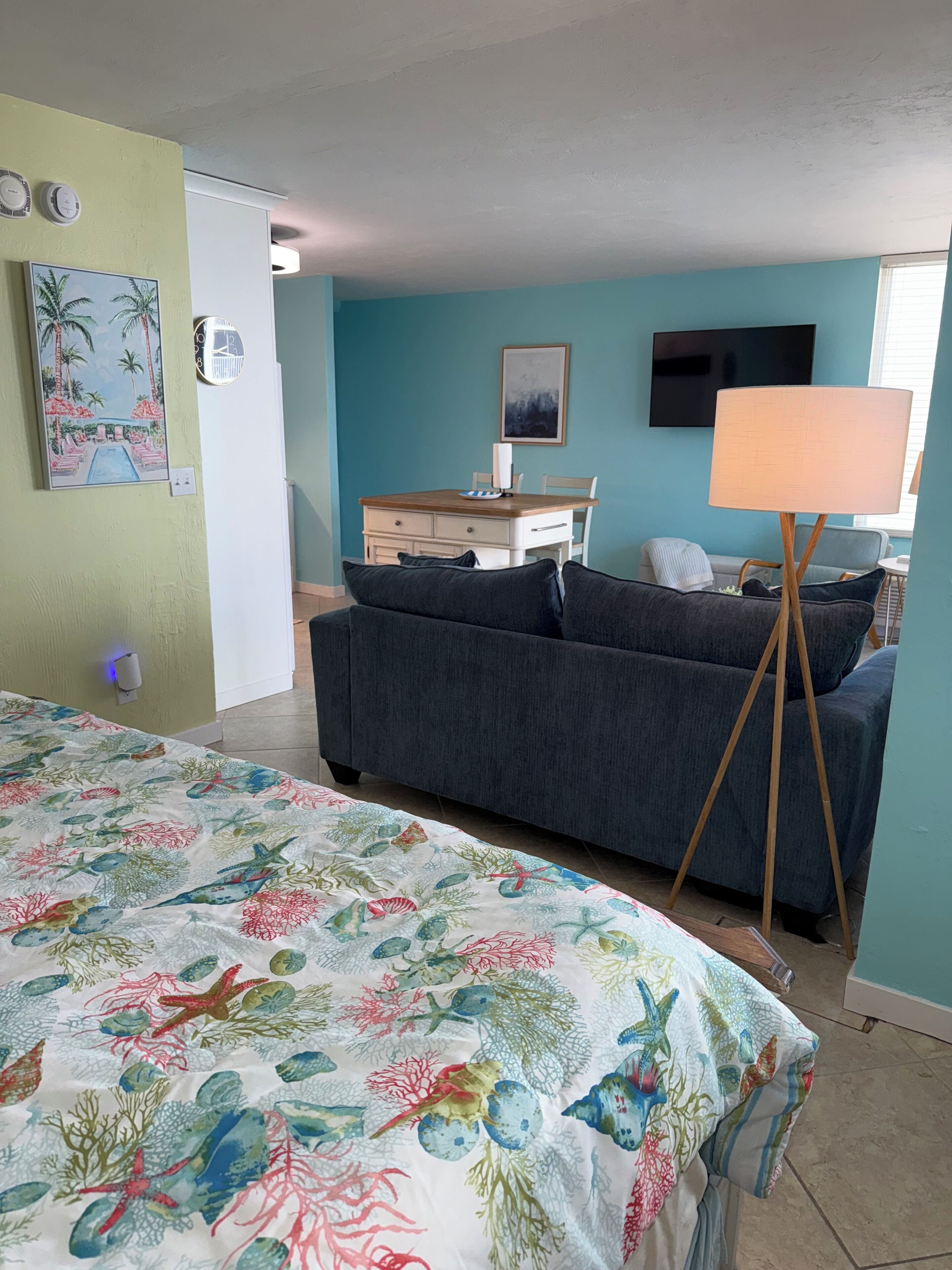 A bedroom with a bed, a desk, a chair, a sofa, and a TV.