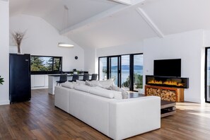 Smart TV, fireplace, books