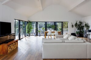 Una Smart TV, una chimenea, libros