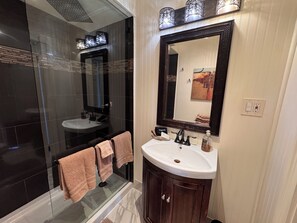 Hair dryer, towels, soap, shampoo